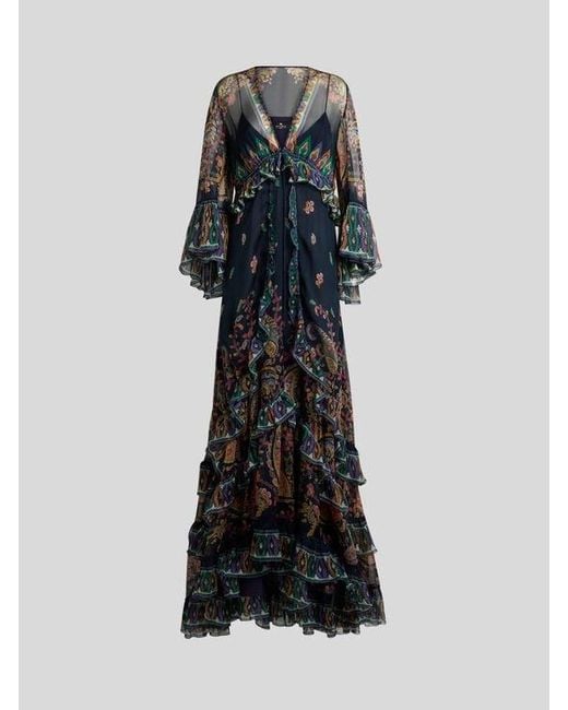 Etro Black Long Silk Dress With Placed Floral Paisley Print