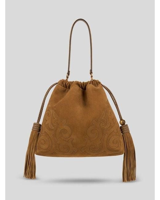 Etro Brown Medium Suede Kalispera Bag With Patch And Tassels