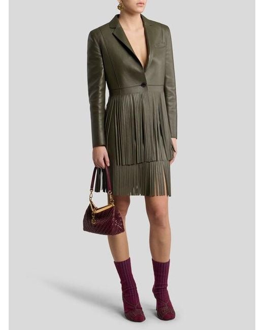 Etro Green Single-Breasted Leather Jacket With Fringing