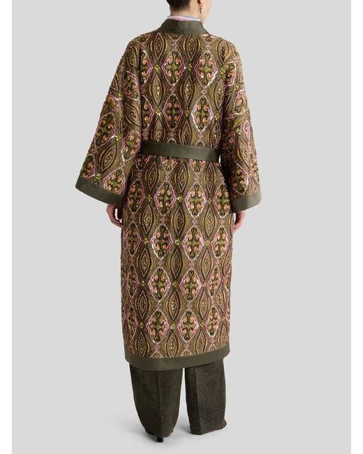 Etro Green Kimono Coat With Beads And Floral Medallion Embroidery