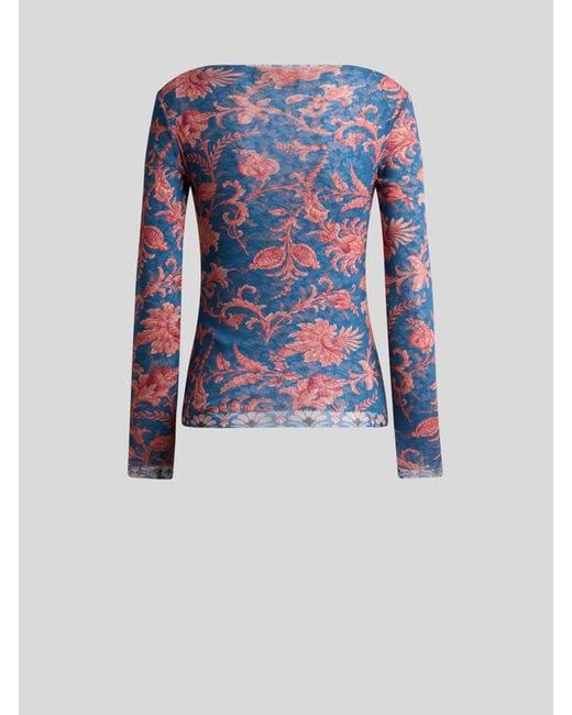 Etro Blue Stretch Tulle Sweater With Floral Motif