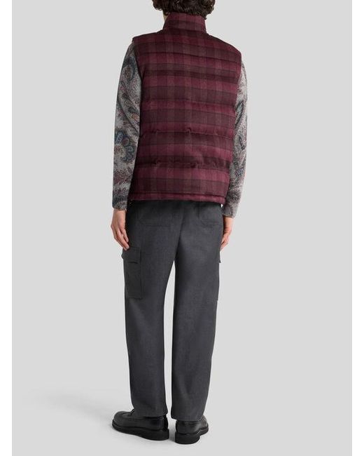 Etro Red Wool And Cashmere Down Gilet With Check Motif for men