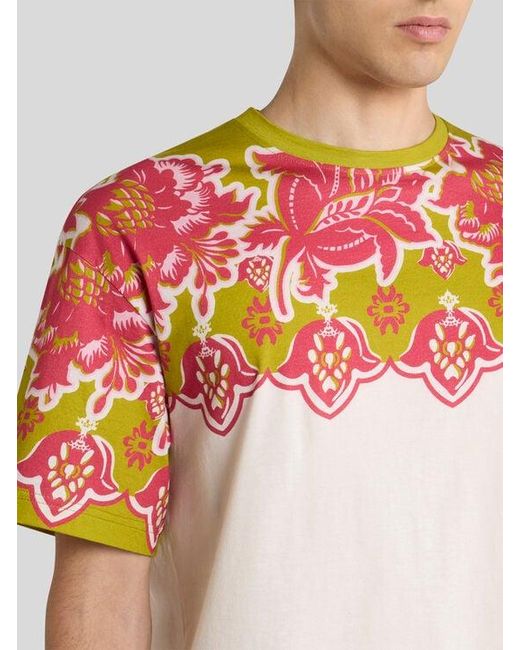 Etro Pink Cotton T-Shirt With Placed Floral Print for men