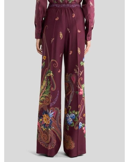 Etro Red Silk Trousers With Micro Motif And Placed Floral Paisley Print