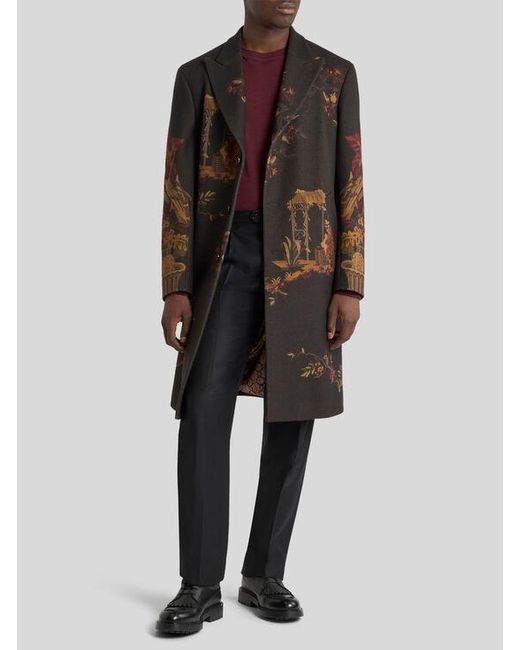 Etro Black Wool-Blend Coat With Placed Flower And Animal Print for men