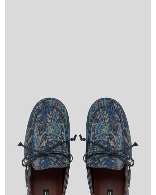 Etro Blue Denim Boat Loafers With Leafy Paisley Motif