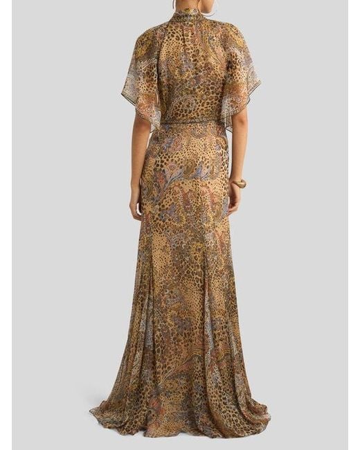 Etro Natural Long Silk Dress With Silk Scarf And Paisley And Animal Motif