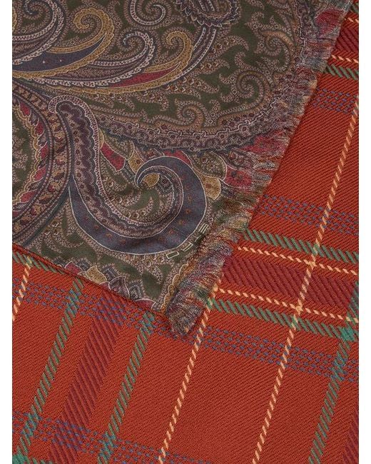 Etro Red Double-Sided Wool And Silk Scarf With Check And Paisley Motifs for men