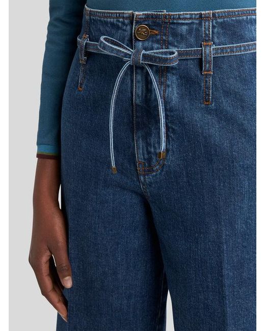 Etro Blue Culotte Jeans With Belt And Embroidery