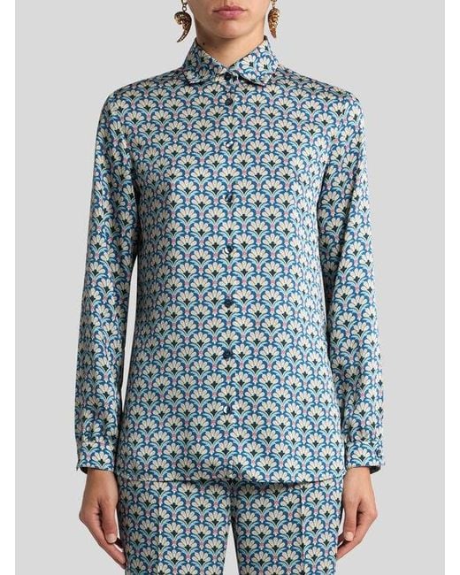 Etro Blue Twill Shirt With Micro Palm Motif