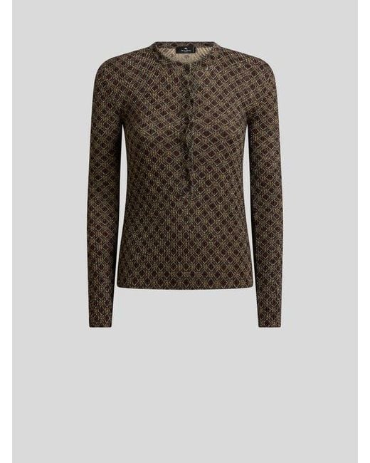 Etro Green Ribbed Henley-Neck Sweater With Micro Diamond Motif