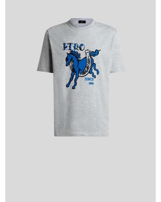 Etro Blue Cotton Jersey T-Shirt With Pegaso Print And Logo