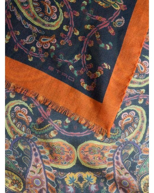Etro Blue Floral Paisley Cashmere-Blend Scarf