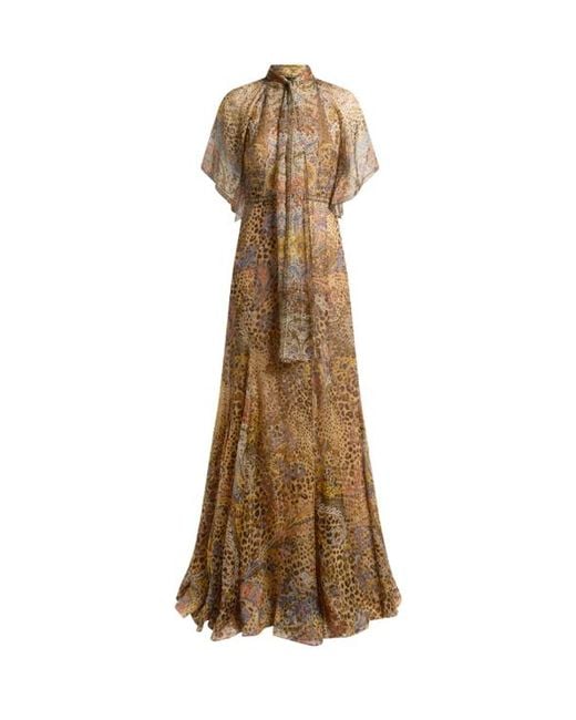Etro Natural Long Silk Dress With Silk Scarf And Paisley And Animal Motif