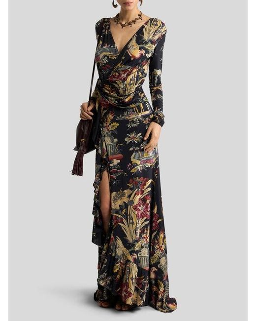 Etro Black Long Jersey Wrap Dress With Flower And Animal Motif