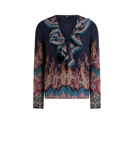 Etro Blue Silk Shirt With Placed Print