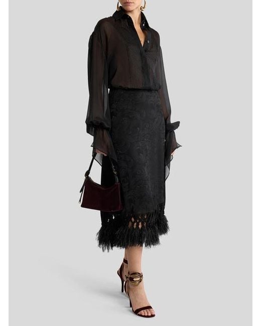 Etro Black Jacquard Midi Skirt With Ostrich Feathers And Paisley Motif
