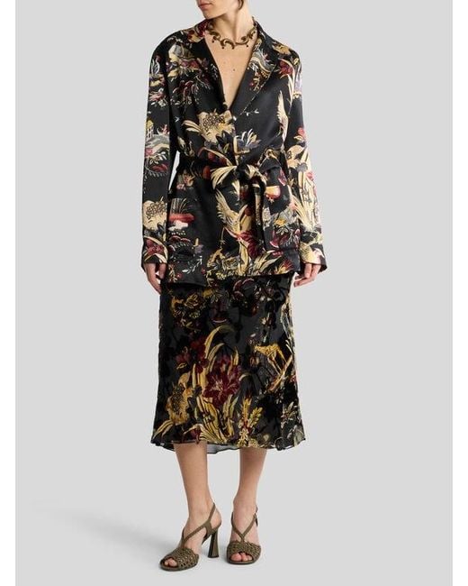 Etro Black Envers Satin Jacket With Belt And Flower And Animal Motif