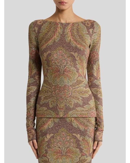 Etro Brown Jersey Sweater With Floral Motif