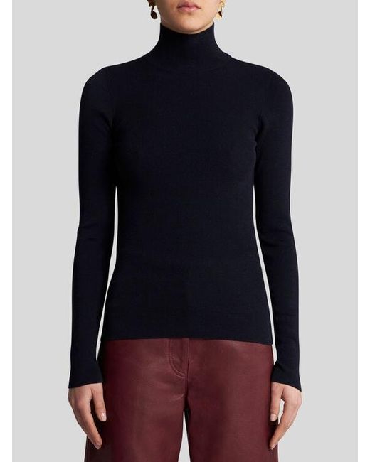 Etro Blue Wool Jacquard Turtleneck Sweater