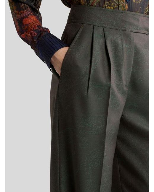 Etro Gray Wool Jacquard Trousers With Pleats And Paisley Motif