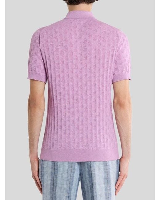 Etro Pink Knit Cotton Polo Shirt With Micro Paisley Motif for men