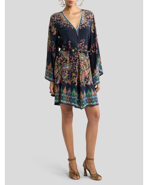 Etro Blue Silk Mini Dress With Placed Floral Paisley Print And Belt