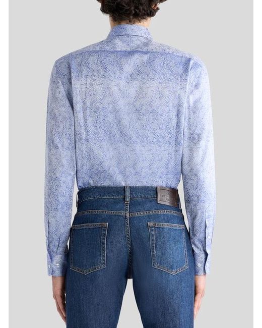 Etro Blue Cotton Jacquard Shirt With Paisley Motif And Pegaso Embroidery for men
