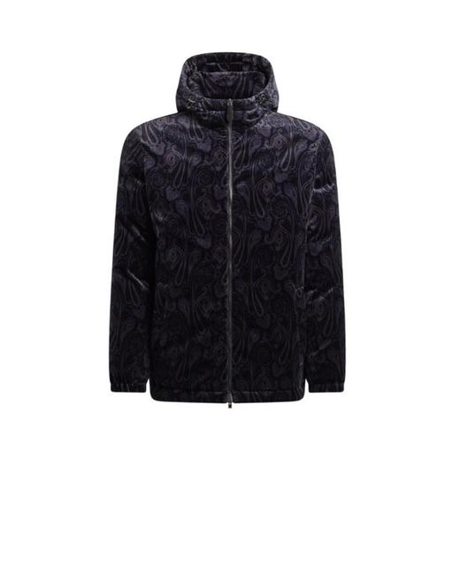 Etro Blue Cotton Velvet Down Jacket With Paisley Motif for men