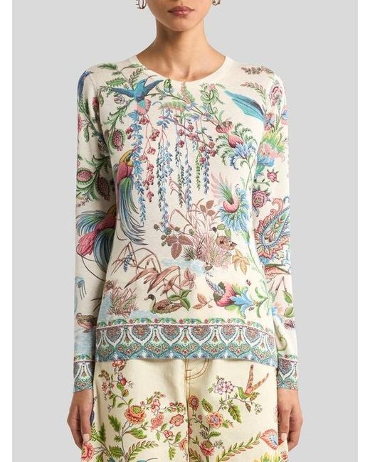 Etro White Silk And Cashmere Sweater With Flora And Fauna Motif