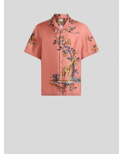 Etro Red Silk Bowling Shirt With Placed Flower And Animal Print for men