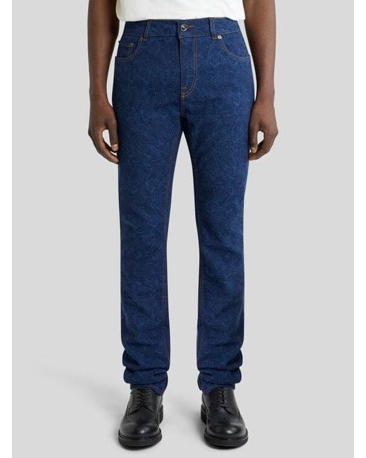 Etro Blue Regular-Fit Jacquard Denim Jeans With Floral Paisley Motif for men