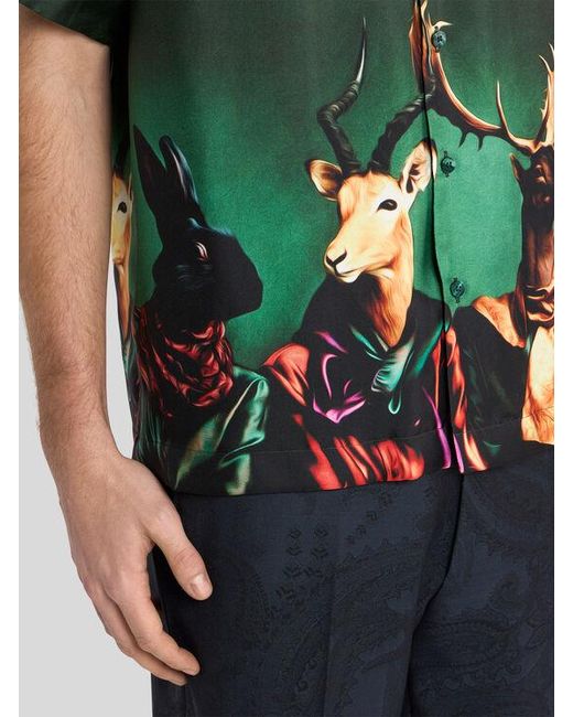 Etro Green Silk Bowling Shirt With Placed Animal Print for men