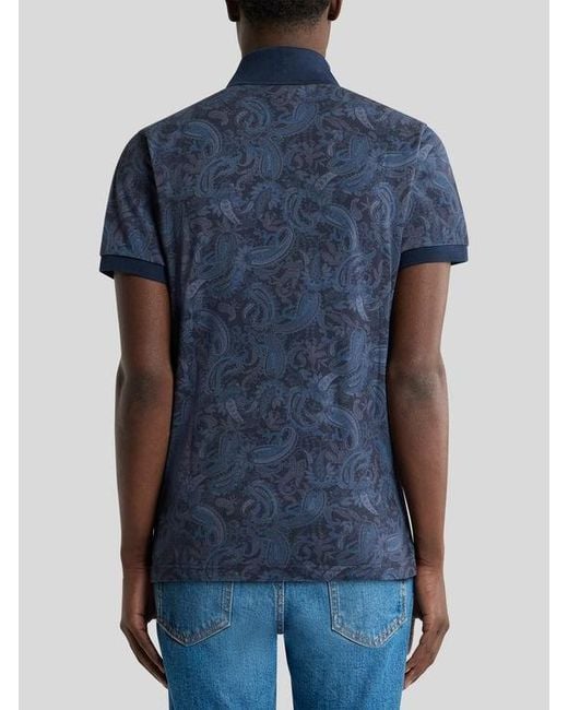 Etro Blue Cotton Pique Polo Shirt With Paisley Motif for men