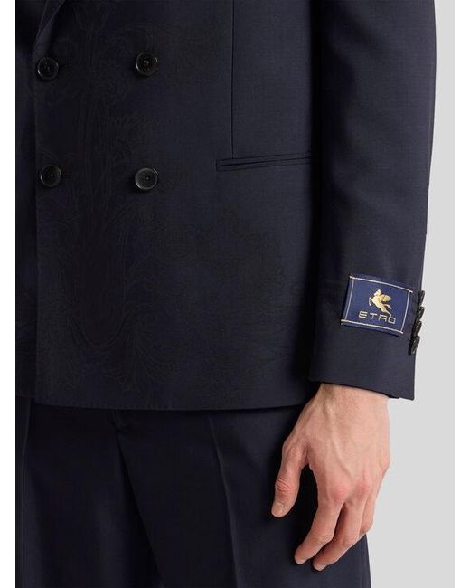 Etro Blue Double-Breasted Jacket With Placed Motif for men