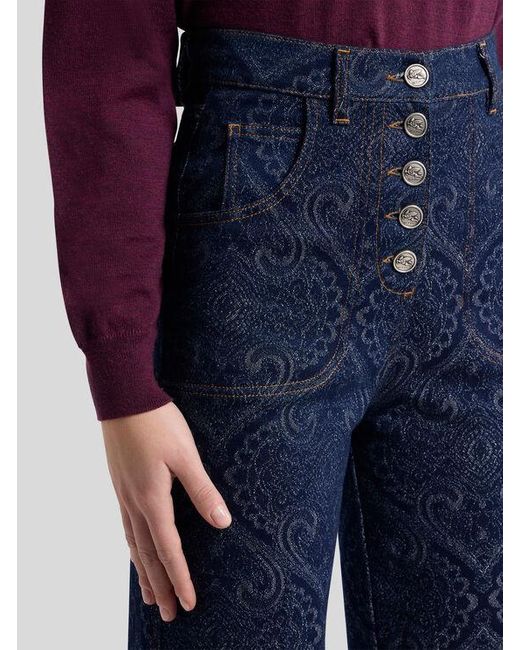 Etro Blue Flared Jacquard Denim Jeans With Pegaso Buttons