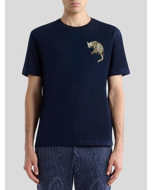 Etro Blue Cotton T-Shirt With Leopard Print And Embroidery for men