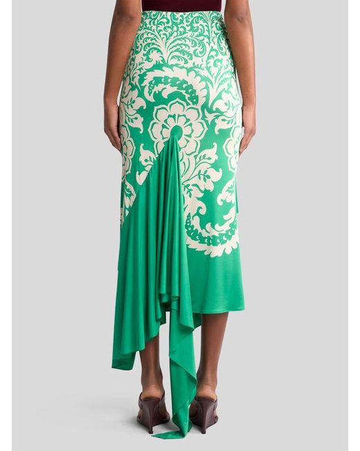 Etro Green Asymmetric Jersey Skirt With Flounce And Print