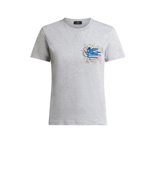 Etro Gray T-Shirt With Embroidered Pegaso And Monogram