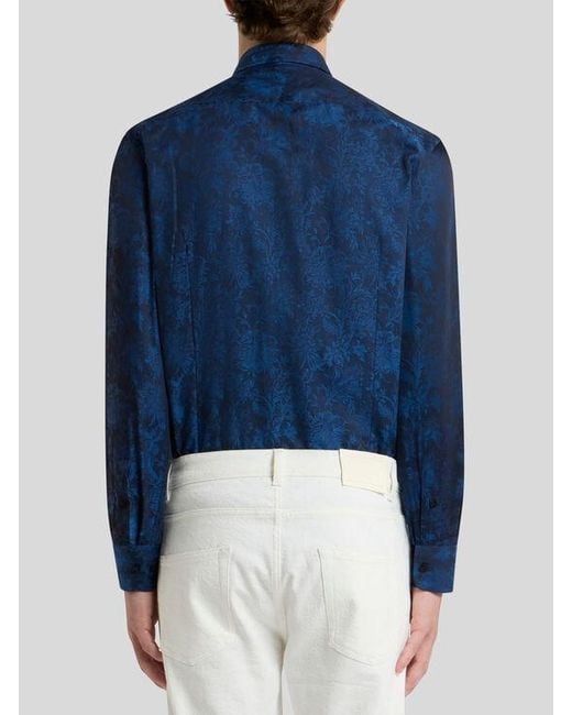 Etro Blue Floral Cotton Jacquard Shirt for men