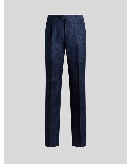 Etro Blue Cotton-Blend Jacquard Trousers With Placed Floral Paisley Motif for men