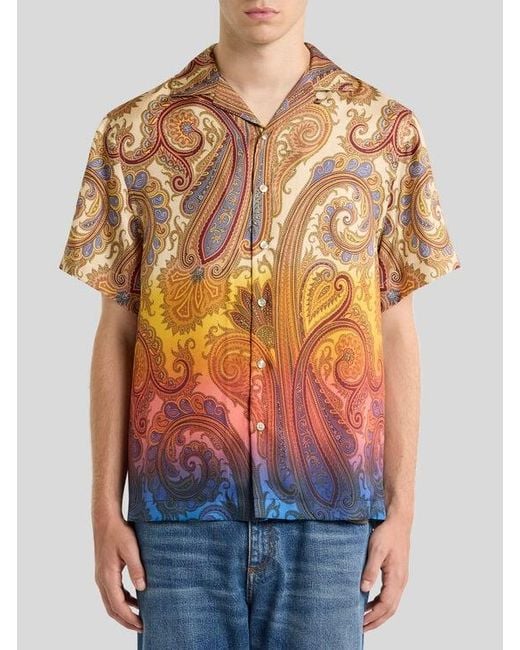Etro White Silk Bowling Shirt With Placed Degradé Paisley Print for men