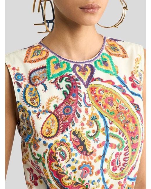 Etro White Long Cotton Dress With Placed Floral Paisley Print