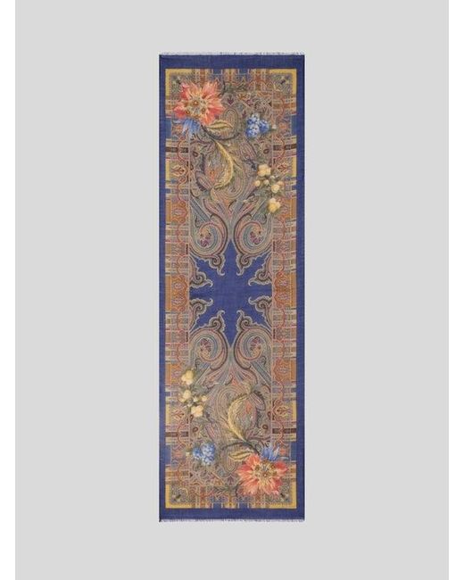 Etro Blue Wool, Cashmere And Silk Scarf With Paisley And Flower Motif
