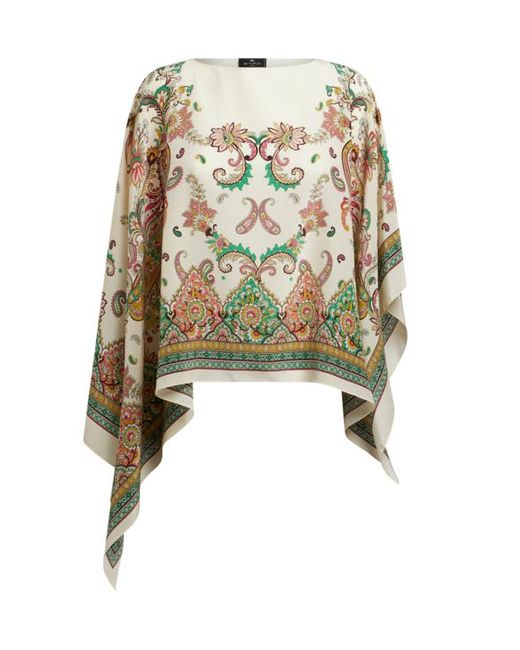 Etro White Floral Paisley Silk Poncho