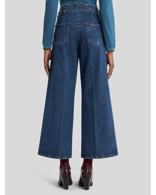 Etro Blue Culotte Jeans With Belt And Embroidery