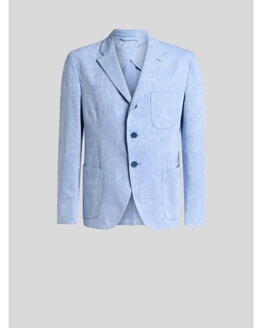 Etro Blue Single-Breasted Striped Cotton Jacket With Floral Paisley Motif for men