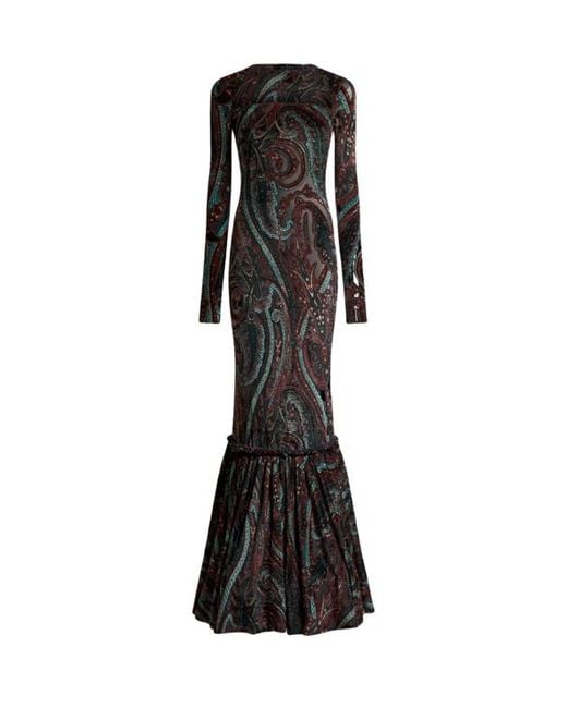 Etro Black Chenille Jacquard Long Dress With Paisley Motif