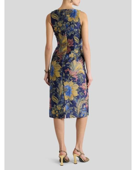 Etro Blue Cotton-Blend Jacquard Midi Dress With Floral Motif