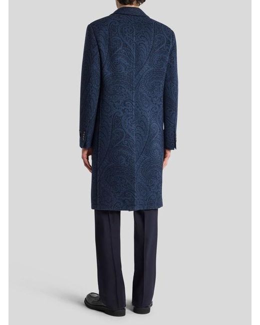 Etro Blue Wool And Cashmere Jacquard Coat for men